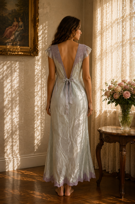 Odette, 1930s hand dyed antique blue silk and lace beaded dress