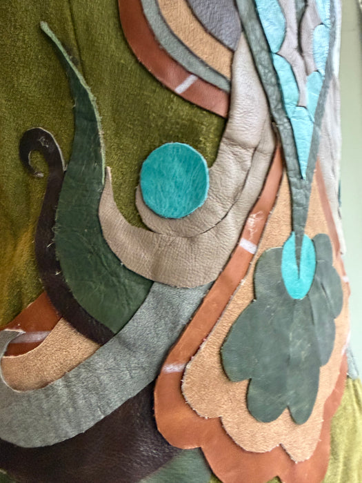 Basil, 70s olive green suede waistcoat with leather ties and handmade folk leather appliqué