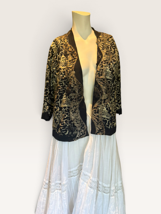 Pagoda, 1930s Chinese embroidered silk jacket with metallic gold embroidery