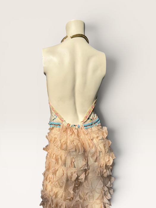 Kali, reworked embroidered piano shawl dress with brass choker and 20s sheered metallic skirt