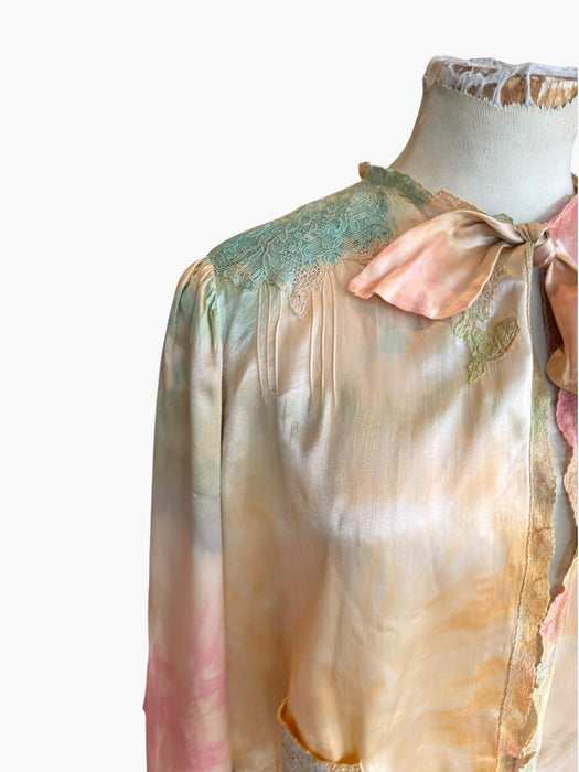 Kaz, hand dyed 30s silk and lace bolero with necktie and side pocket