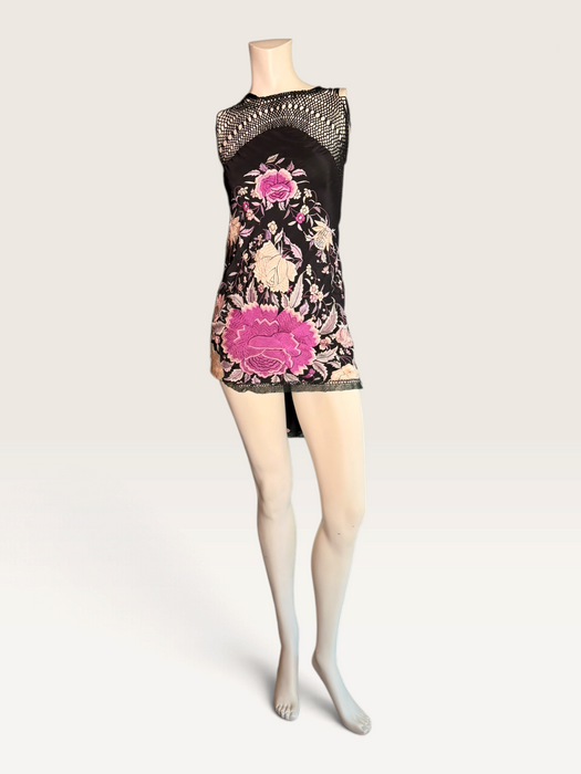Cody, reworked 1940s black silk embroidered piano shall mini dress