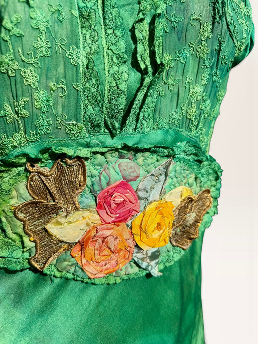 Bora, 1930s emerald green hand dyed silk bias cut dress with lace inserts and Victorian ribbon work florals