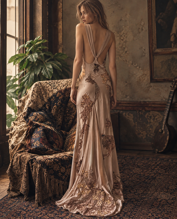 Daria, reworked antique pink bias cut silk and 1930s découpage gown