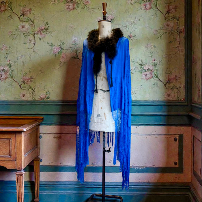 Sasha, 40s cobalt blue embroidered piano shawl feather fringed cape