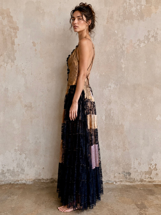 Fay, reworked 1930s gold and black lace tiered dress