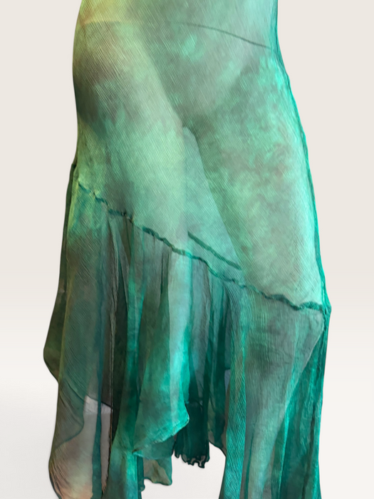 Ronda, hand dyed emerald green bias cut, asymmetric vintage chiffon beaded dress