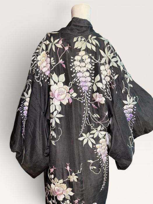 Chi, 1940s dark brown silk Japanese embroidered floral kimono