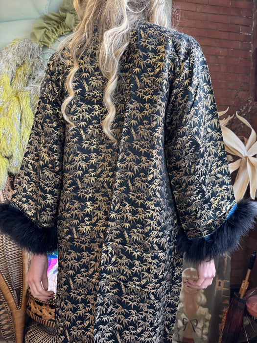 Colette, 30s lack and gold print robe with feather hem