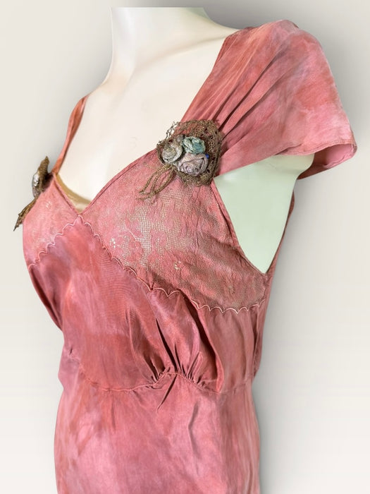 Martha, hand dyed 1930s silk and lace dress with hand made metallic rosettes