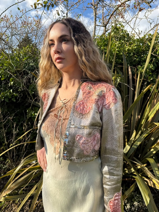 Cassius, 20s silver lamé jacket with pink velour appliqués
