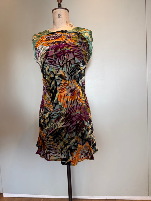 Radcliffe, reworked 20s silk devoré floral fringed dress