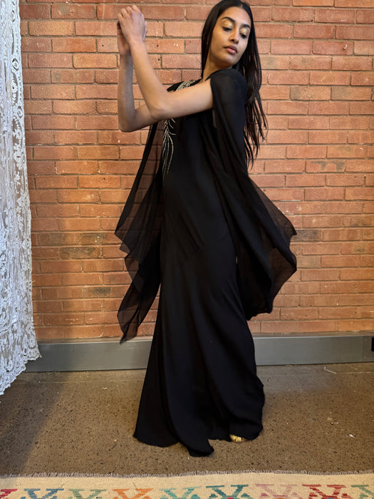 Virna, 30s black bias cut dress with angel sleeves and rhinestone detail