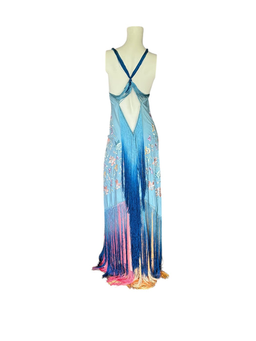 Bella, reworked blue embroidered ombré fringed dress