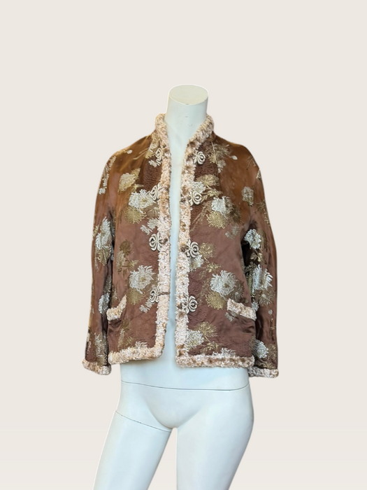 Edina, 70s Oriental camel silk damask teddy lined jacket