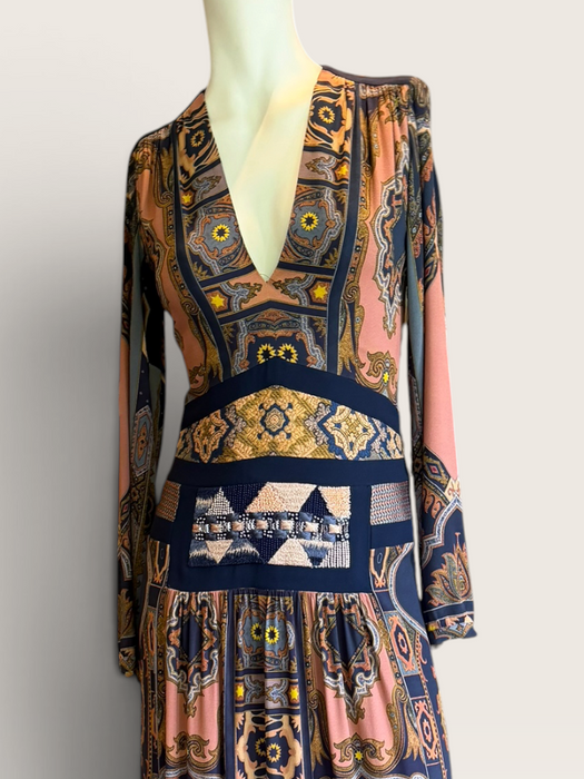 Etro, Fall 2015, runway geometric print beaded long jersey dress