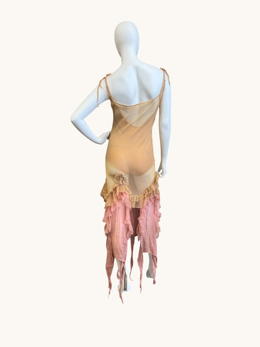 Laine, bias cut silk chiffon and pink dyed handkerchief dress with rosettes