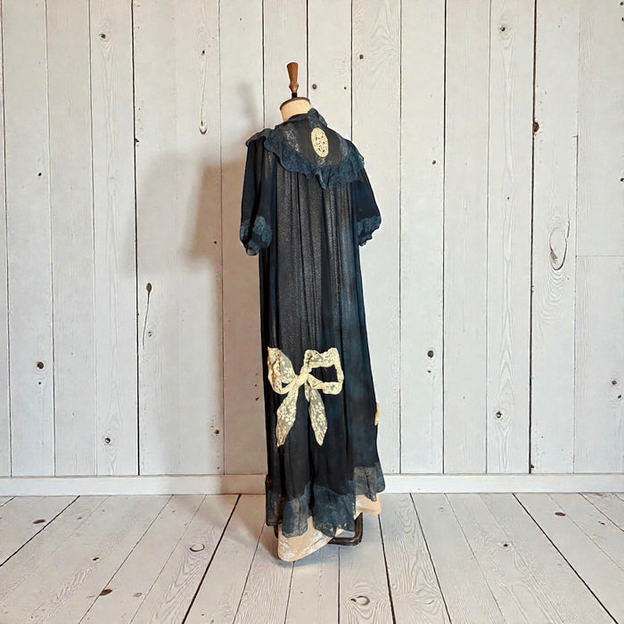Gina, 30s black chiffon and lace robe with cream lace bows