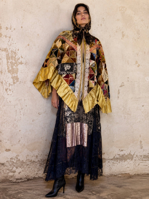 Patricia, reworked Victorian patchwork jacket with lace collar and side pocket