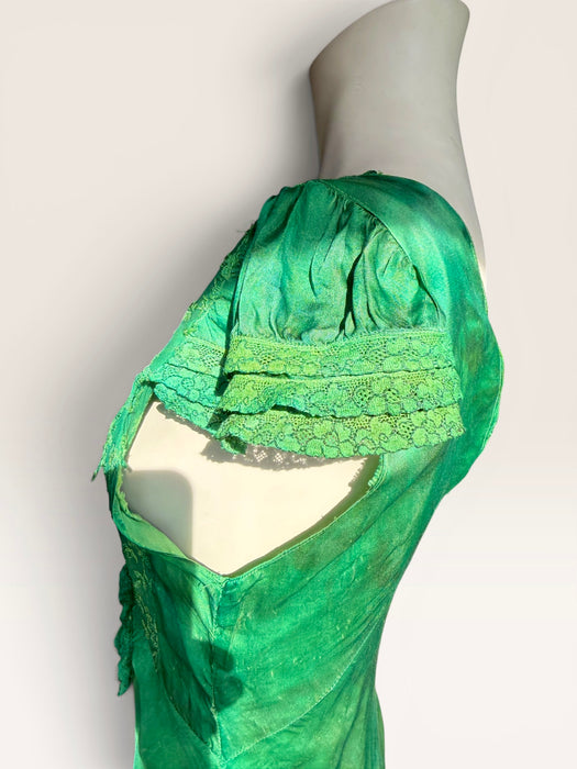 Bora, 1930s emerald green hand dyed silk bias cut dress with lace inserts and Victorian ribbon work florals