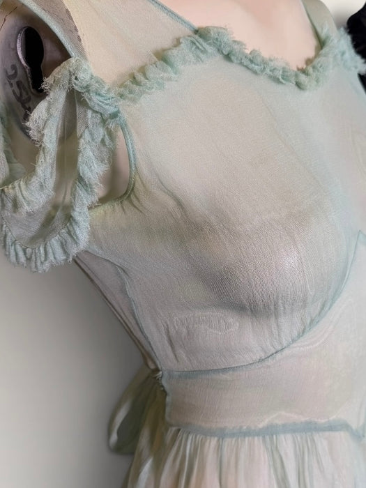 Ettore, original 30s pale blue silk chiffon dress with waist tie and frill shoulders
