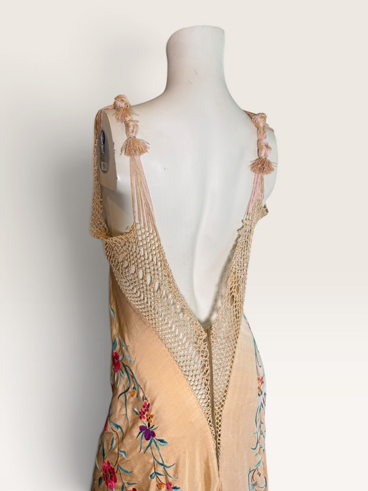 Bailey, reworked bias cut floral embroidered piano shawl dress
