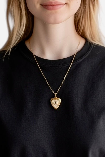 Erin, vintage heart shape ceramic eye charm and 14 c gold pendant and chain