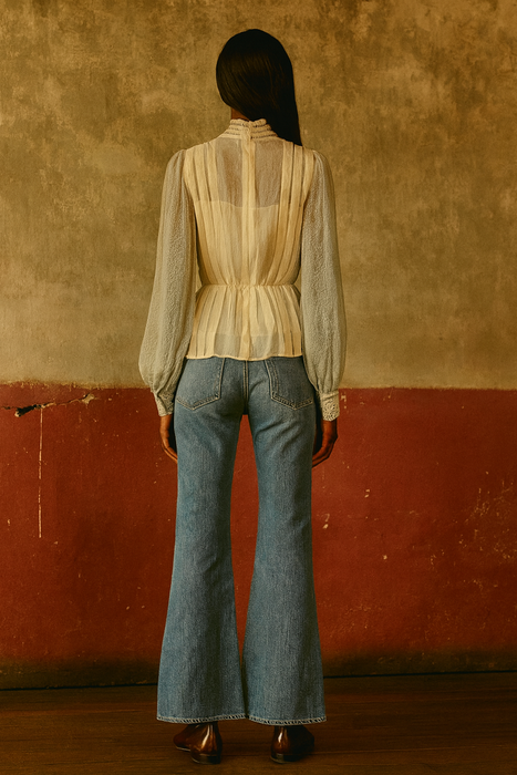 Medina, 70s silk chiffon pleated beaded lace blouse