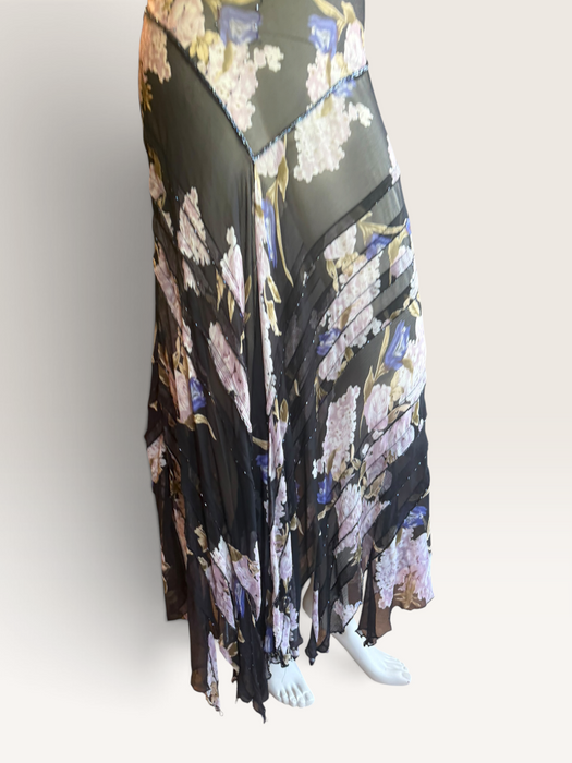 Taylor, 90s beaded bias cut floral print asymmetric dress