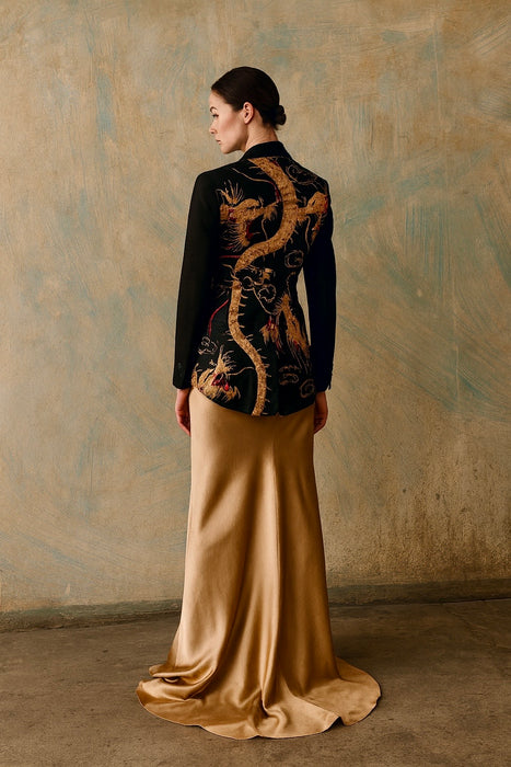 Jen, reworked 40s wool tail coat with Antique gold dragon embroidered design