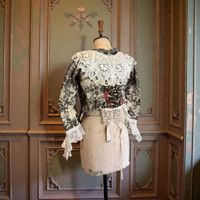 Perry, embellished Victorian lace jacket with hand painted motif