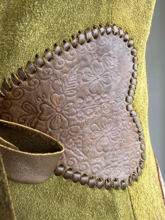 Basil, 70s olive green suede waistcoat with leather ties and handmade folk leather appliqué