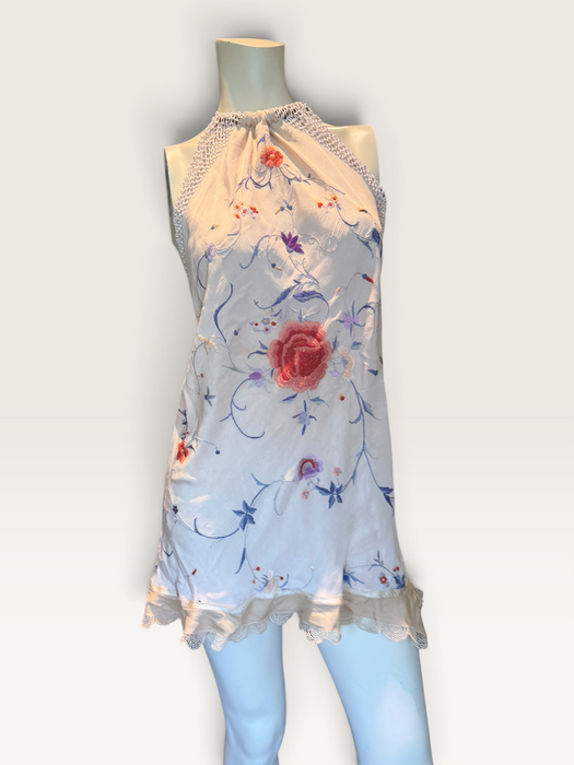 Plato, reworked short piano shawl embroidered dress with brass chocker