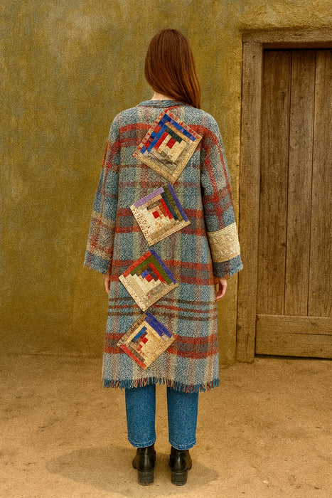 Moderna, 70s check blanket coat with Victorian patchwork design