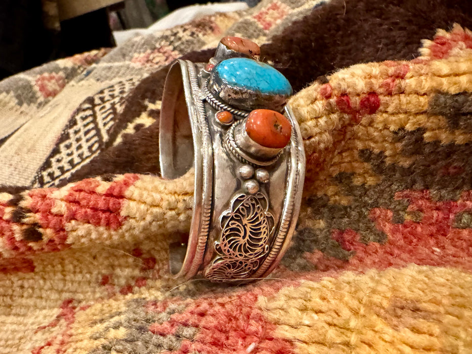 Layla, antique silver Native American turquoise and coral cuff