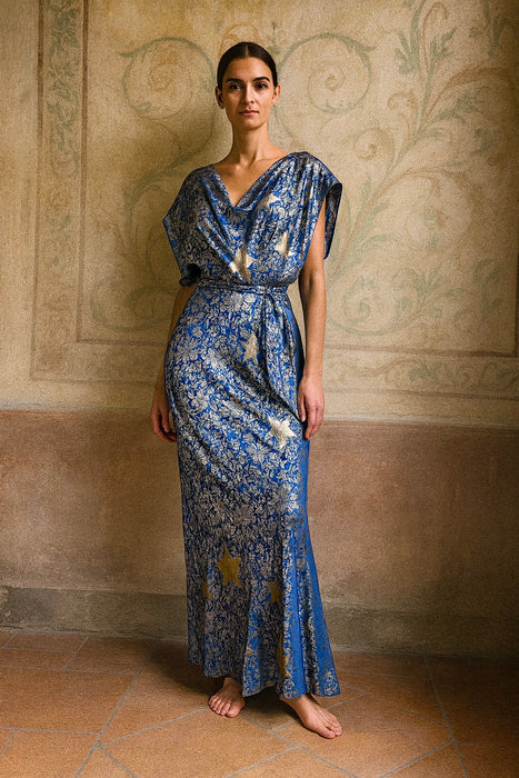 Slay, 30s blue and silver lamé bias cut dress with silver stars