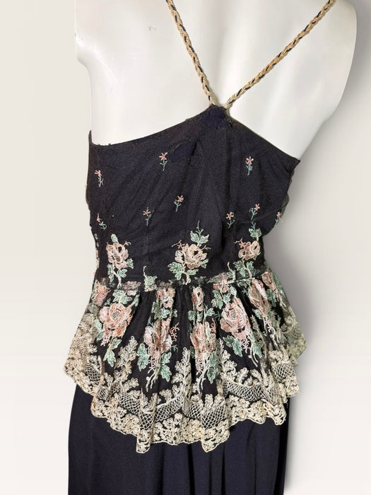 Andrea, 1970s black crepe and lace tiered dress