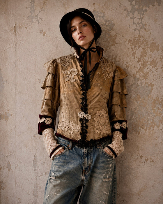 Carlotta, reworked Victorian silk damask and lace boned beaded jacket