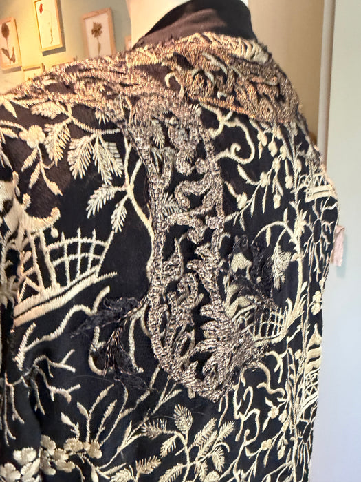 Pagoda, 1930s Chinese embroidered silk jacket with metallic gold embroidery