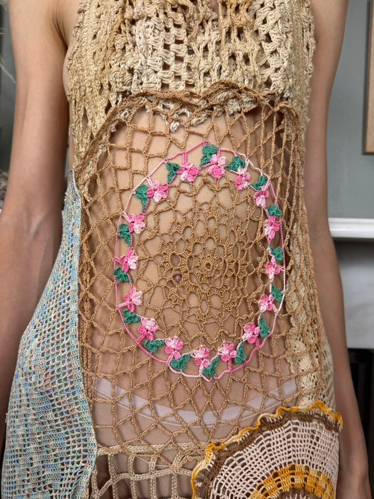 Omnia, vintage floral crochet long dress