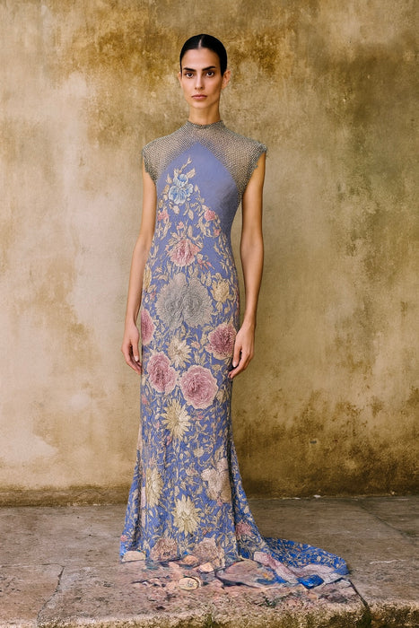 Mina, reworked floral embroidered long piano shawl gown