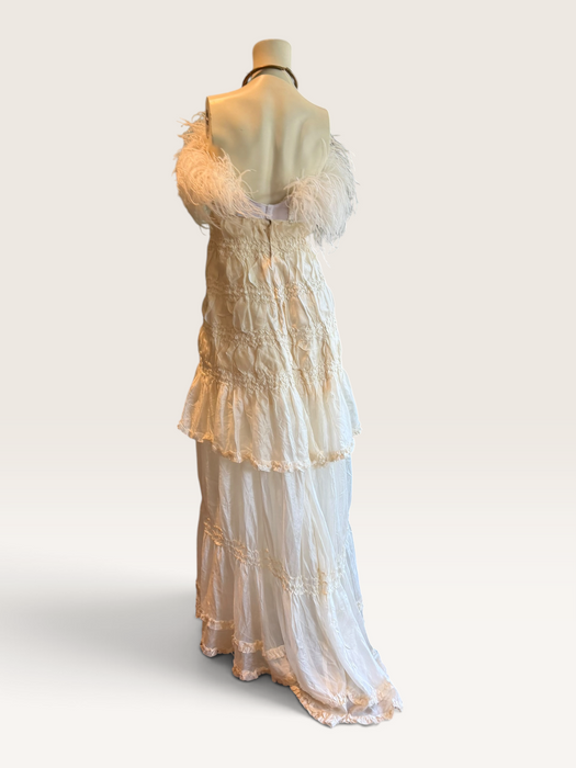 Bodie, vintage white ostrich feather and Victorian silk ruffle skirt