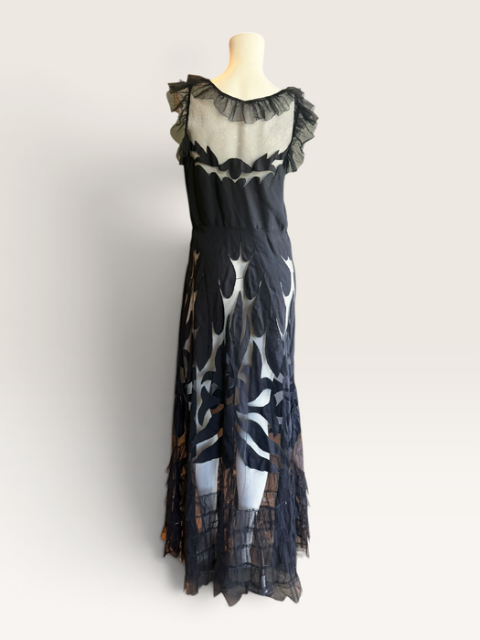 Oriel, 30s black net silk cut out frill dress