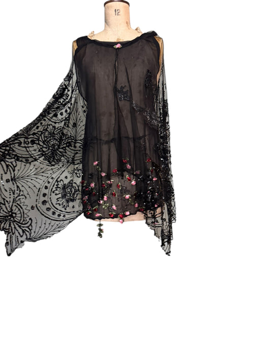 Astral, reworked beaded net capped dress with handmade floral