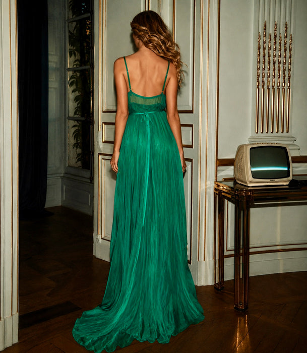 Tori, 90s emerald green silk chiffon Goddess dreamed beaded dress
