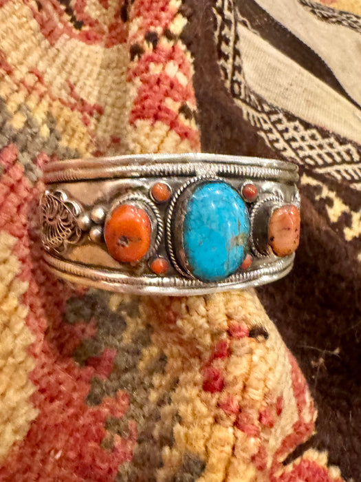 Layla, antique silver Native American turquoise and coral cuff