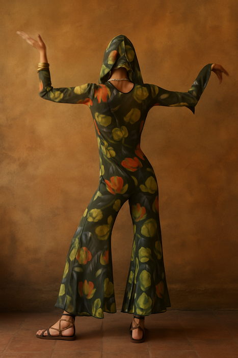 Fabia, reworked 30s floral chiffon flair jumpsuit