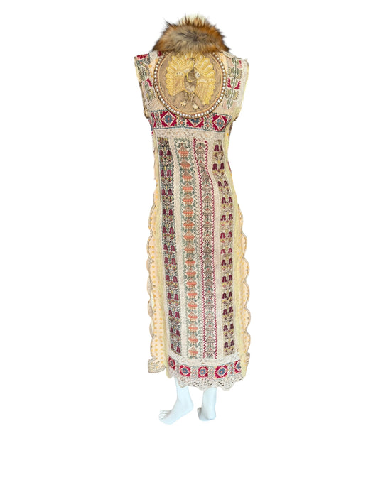 Chiara, 19th C Greek hand woven embroidered waistcoat with a faux fur collar and beaded side pocket
