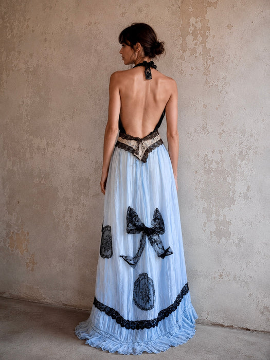 Portia, hand dyed Victorian pale blue cotton and black Chantilly lace dress