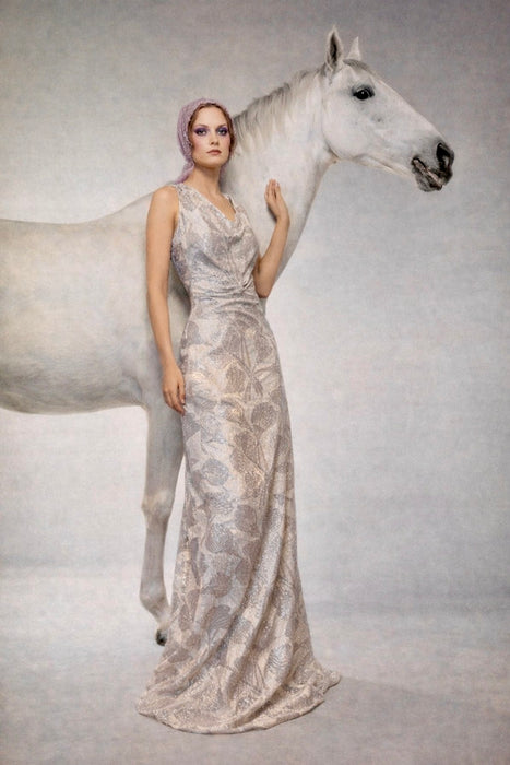 Monica, 20s silver floral lamé dress with bustle train